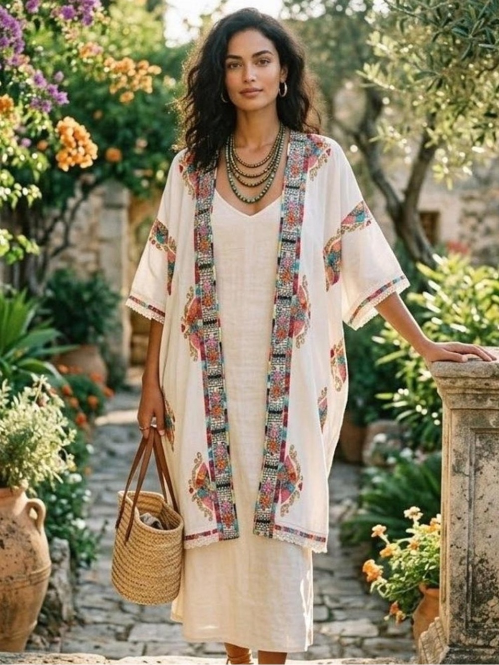 RD + Koko Embroidered Beaded Open Front Boho Kimono Cardigan XS NWT